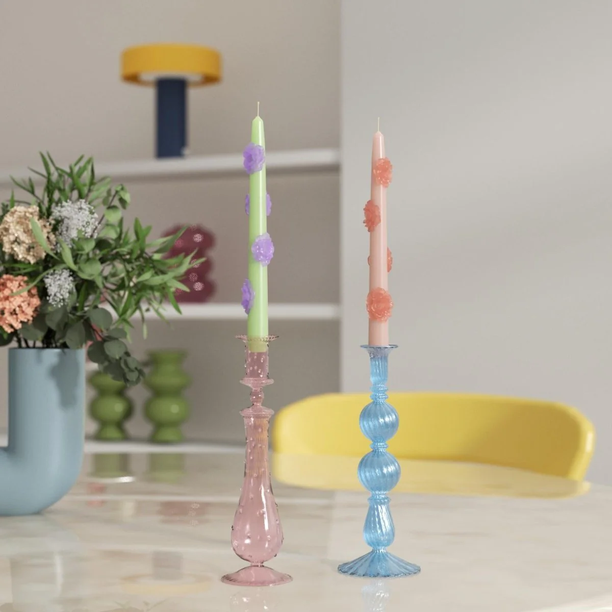 BLOSSOM Taper candle Camellia Mists Fade - Set of 2 - Petal Pink & Spring Leaf Green-Long Version - Image 2