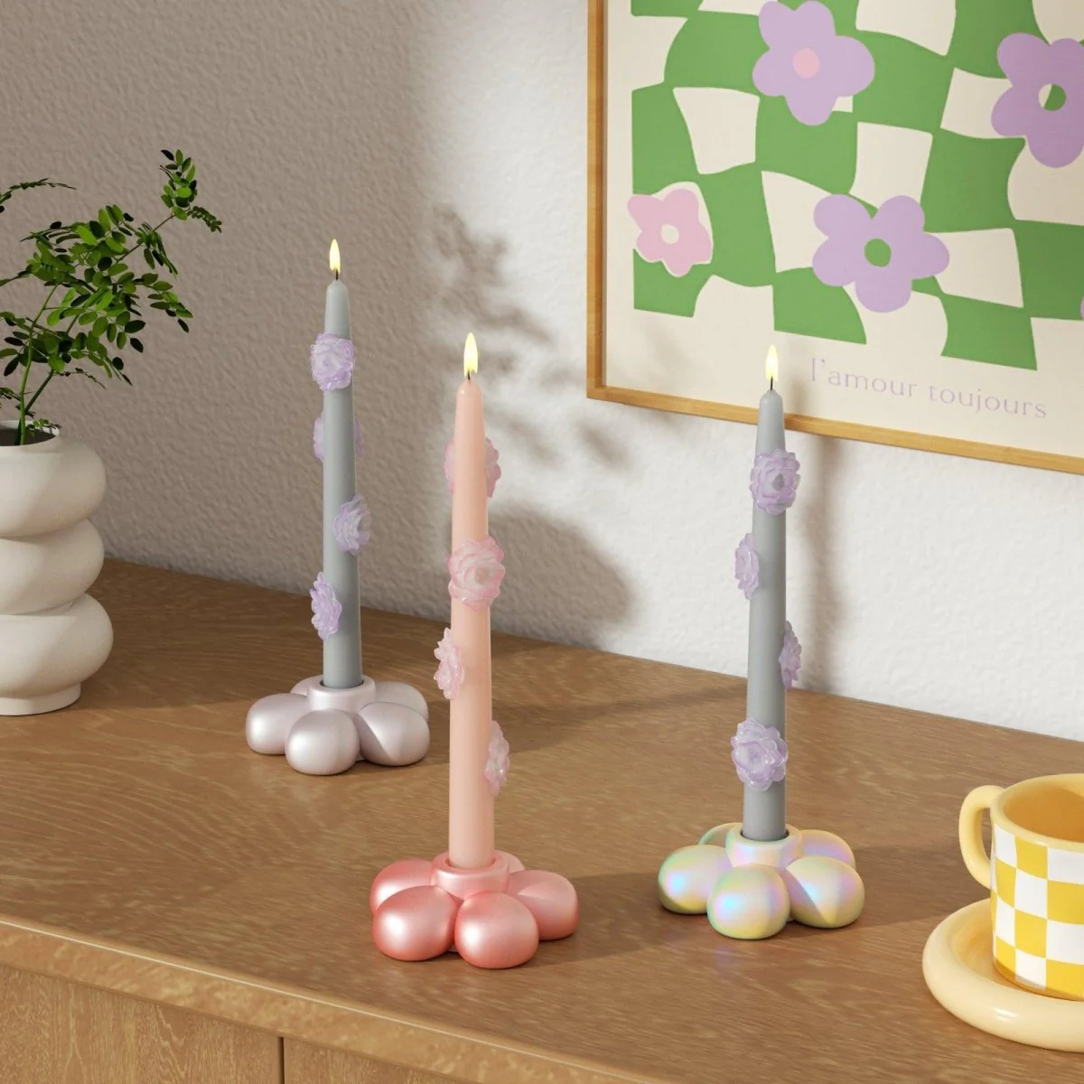 BLOSSOM  Taper candle Camellia Mists Fade - Set of 2 Petal Pink & Mist Gray--Long Version - Image 2