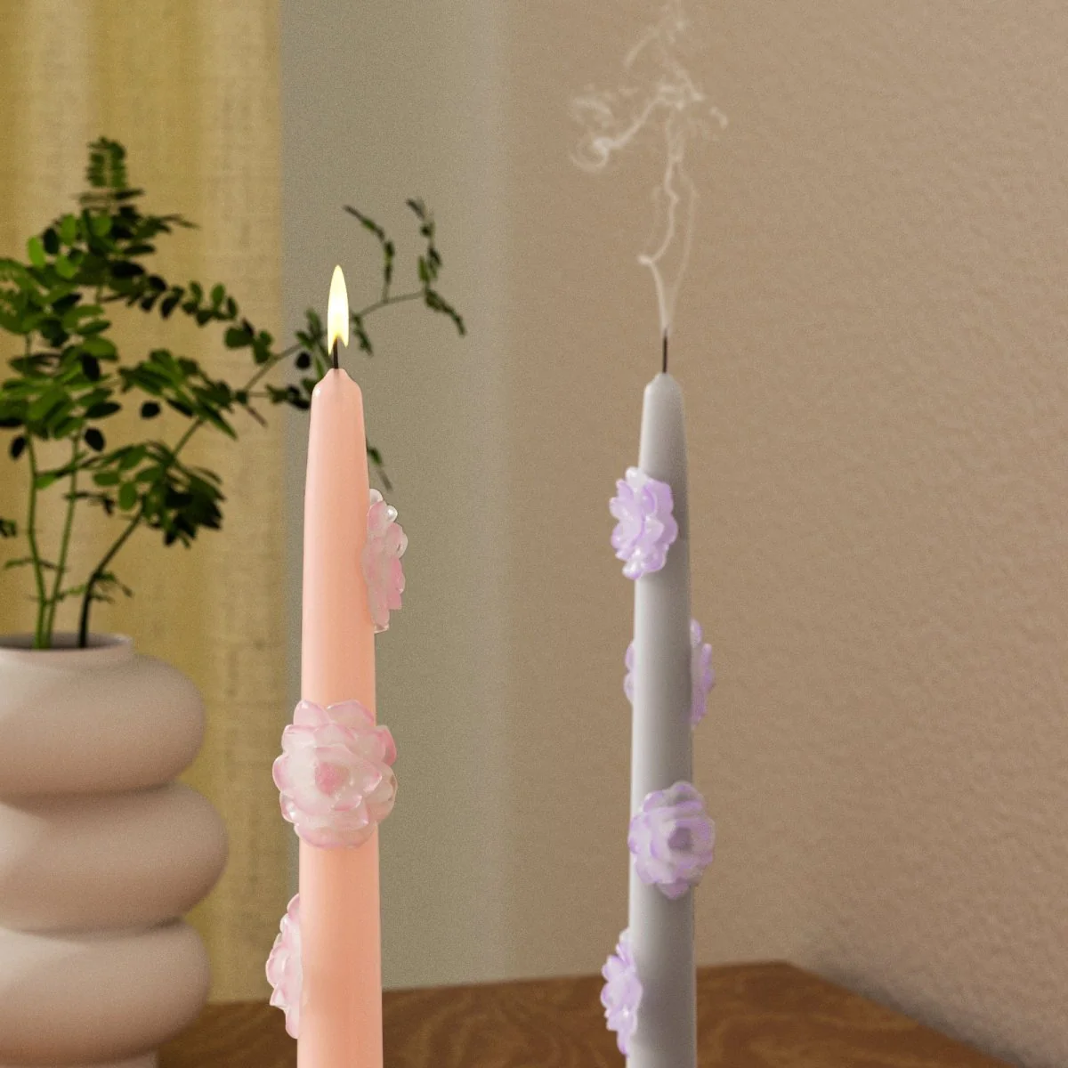BLOSSOM  Taper candle Camellia Mists Fade - Set of 2 Petal Pink & Mist Gray--Long Version - Image 3