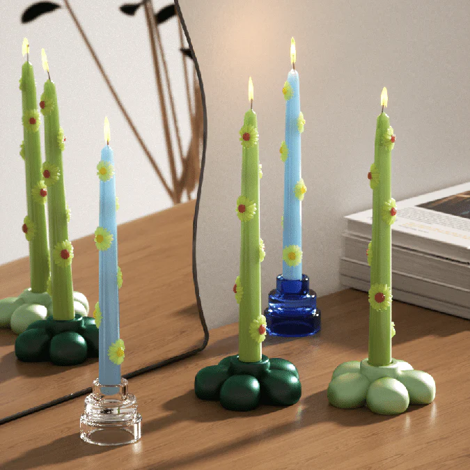 BLOSSOM Taper Candle Daisy Delight - Set of 2 - Fresh Green & Sky Blue-Long Version - Image 2