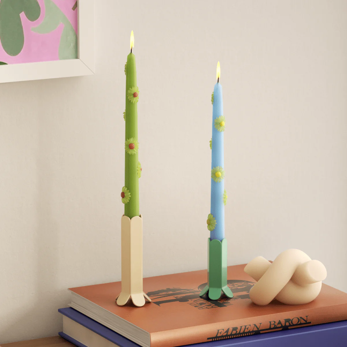 BLOSSOM Taper Candle Daisy Delight - Set of 2 - Fresh Green & Sky Blue-Long Version - Image 4