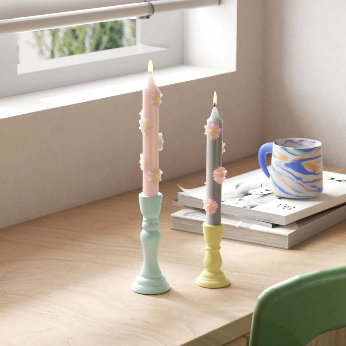 BLOSSOM Taper Candle Daisy Delight - Set of 2 Petal Pink & Mist Gray-Short Version - Image 4