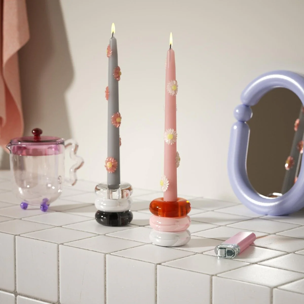 BLOSSOM Taper Candle Daisy Delight - Set of 2 Petal Pink & Mist Gray-Long Version - Image 2