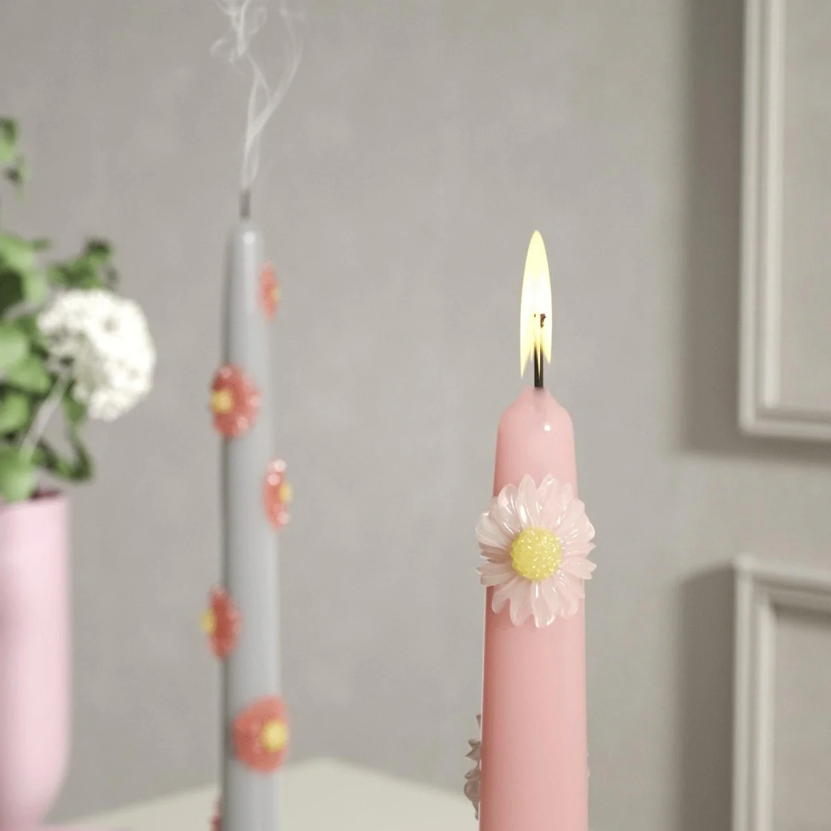 BLOSSOM Taper Candle Daisy Delight - Set of 2 Petal Pink & Mist Gray-Long Version - Image 3