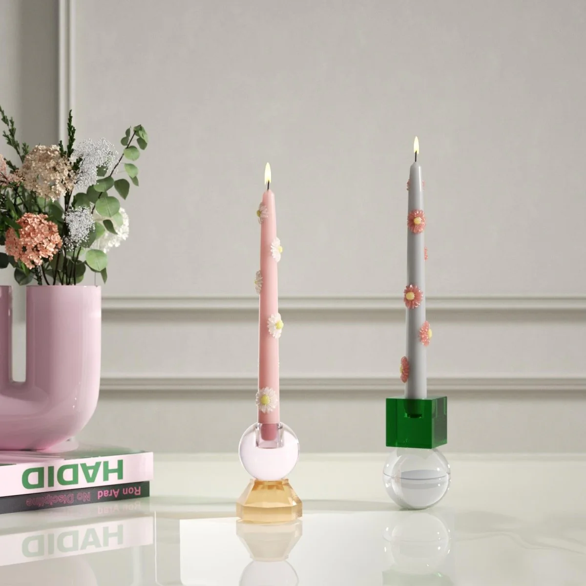 BLOSSOM Taper Candle Daisy Delight - Set of 2 Petal Pink & Mist Gray-Long Version - Image 4