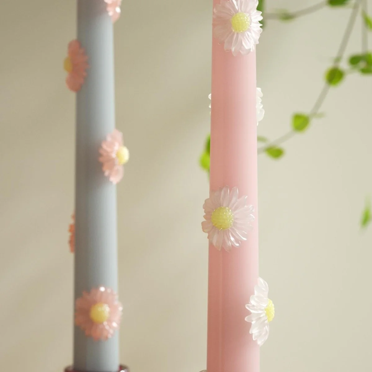 BLOSSOM Taper Candle Daisy Delight - Set of 2 Petal Pink & Mist Gray-Long Version - Image 5