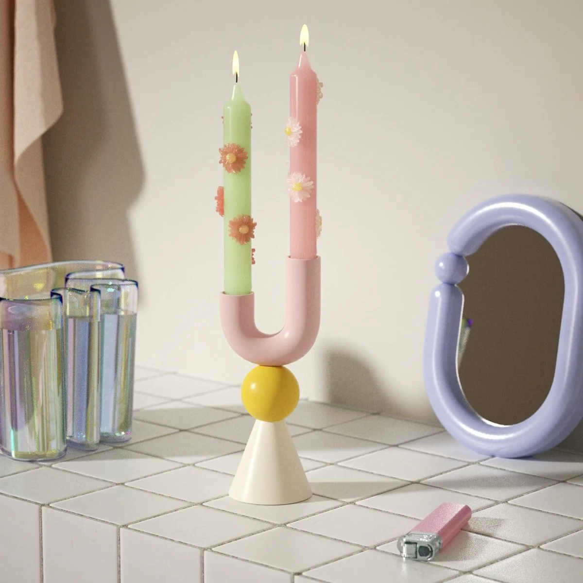 BLOSSOM Taper Candle Daisy Delight - Set of 2 Petal Pink & Soft Mint-Short Version - Image 2