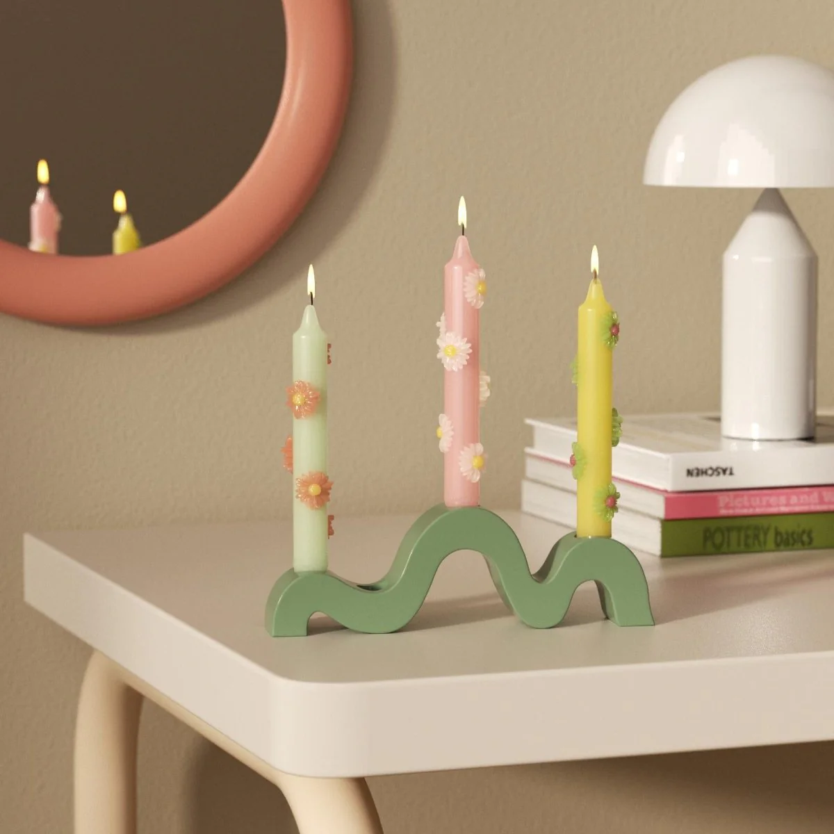 BLOSSOM Taper Candle Daisy Delight - Set of 2 Petal Pink & Soft Mint-Short Version - Image 4