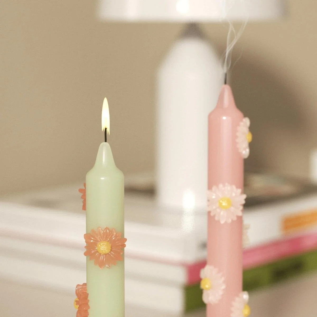 BLOSSOM Taper Candle Daisy Delight - Set of 2 Petal Pink & Soft Mint-Short Version - Image 5