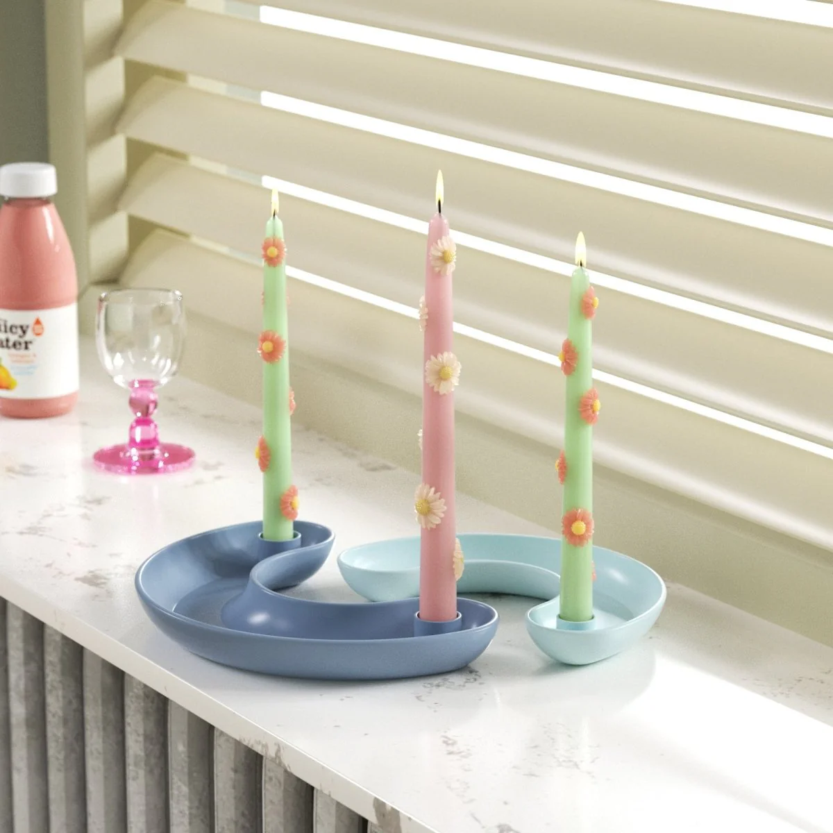 BLOSSOM Taper Candle Daisy Delight - Set of 2 Petal Pink & Soft Mint-Long Version - Image 2