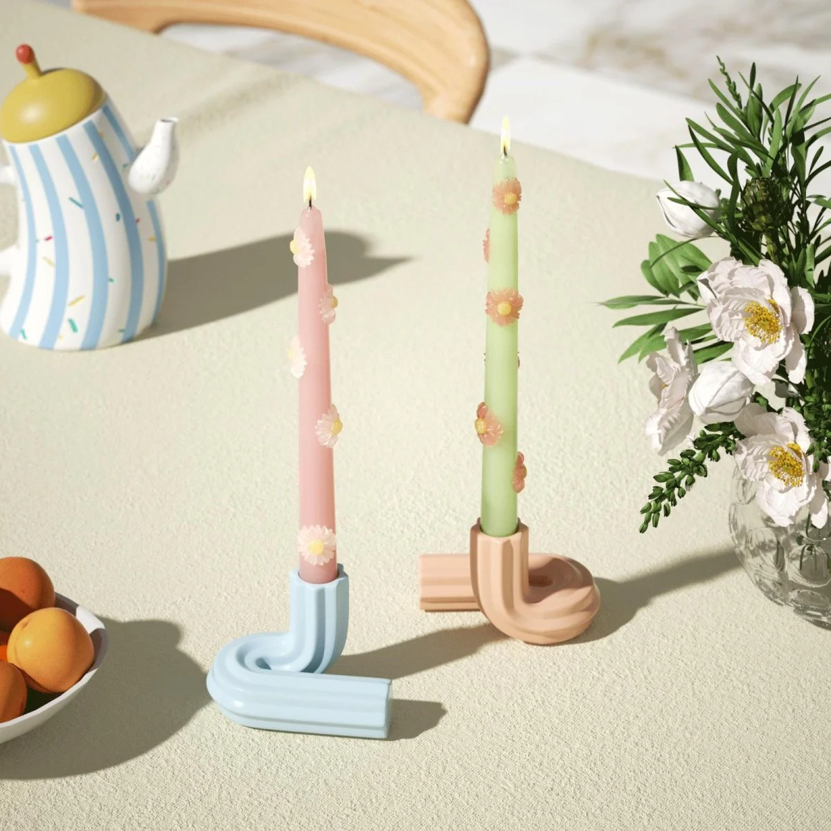 BLOSSOM Taper Candle Daisy Delight - Set of 2 Petal Pink & Soft Mint-Long Version - Image 4