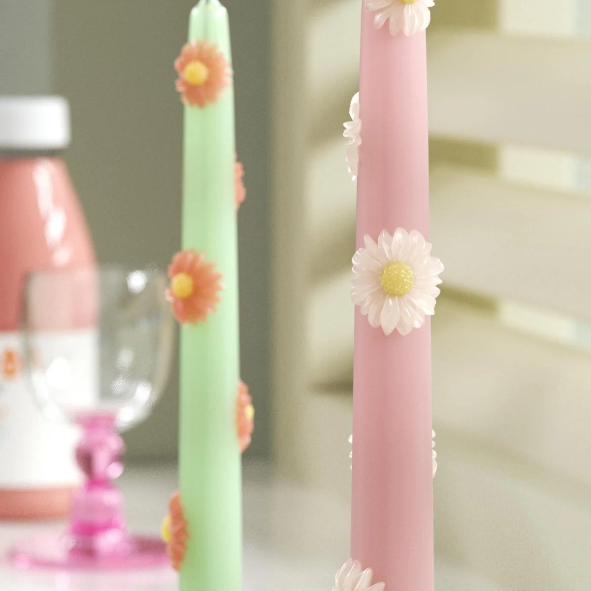 BLOSSOM Taper Candle Daisy Delight - Set of 2 Petal Pink & Soft Mint-Long Version - Image 5