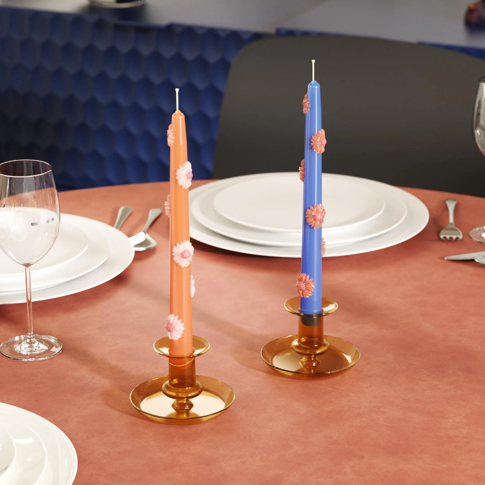BLOSSOM Taper Candle Daisy Delight - Set of 2 - Sunset Orange & Deep Blue-Long Version - Image 6