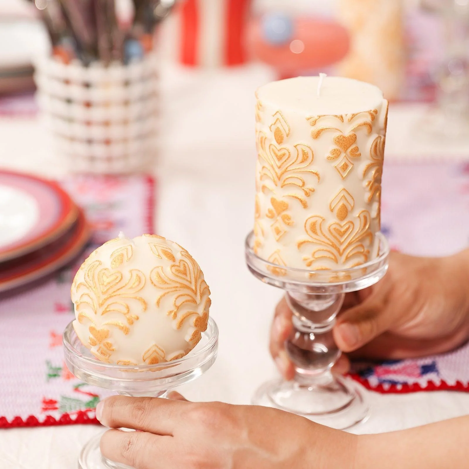Short Elegance Patterned Relief Pillar Candle Silicone Mold - Image 5