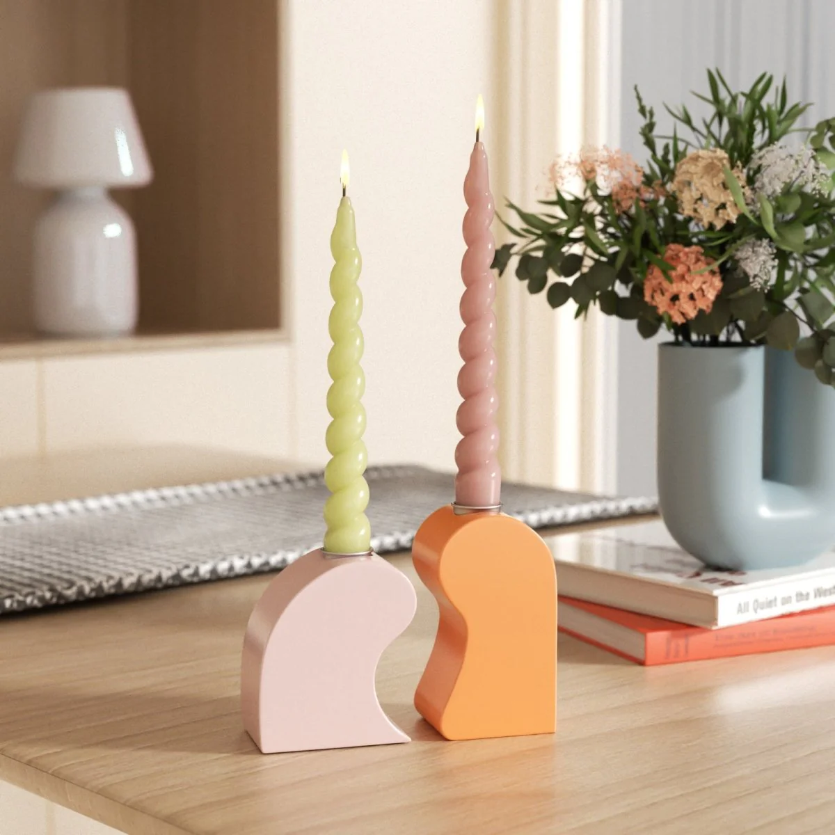PLAY Spiral Taper Candle - Set of 2 - Pastel Pink & Lemon Yellow - Image 2