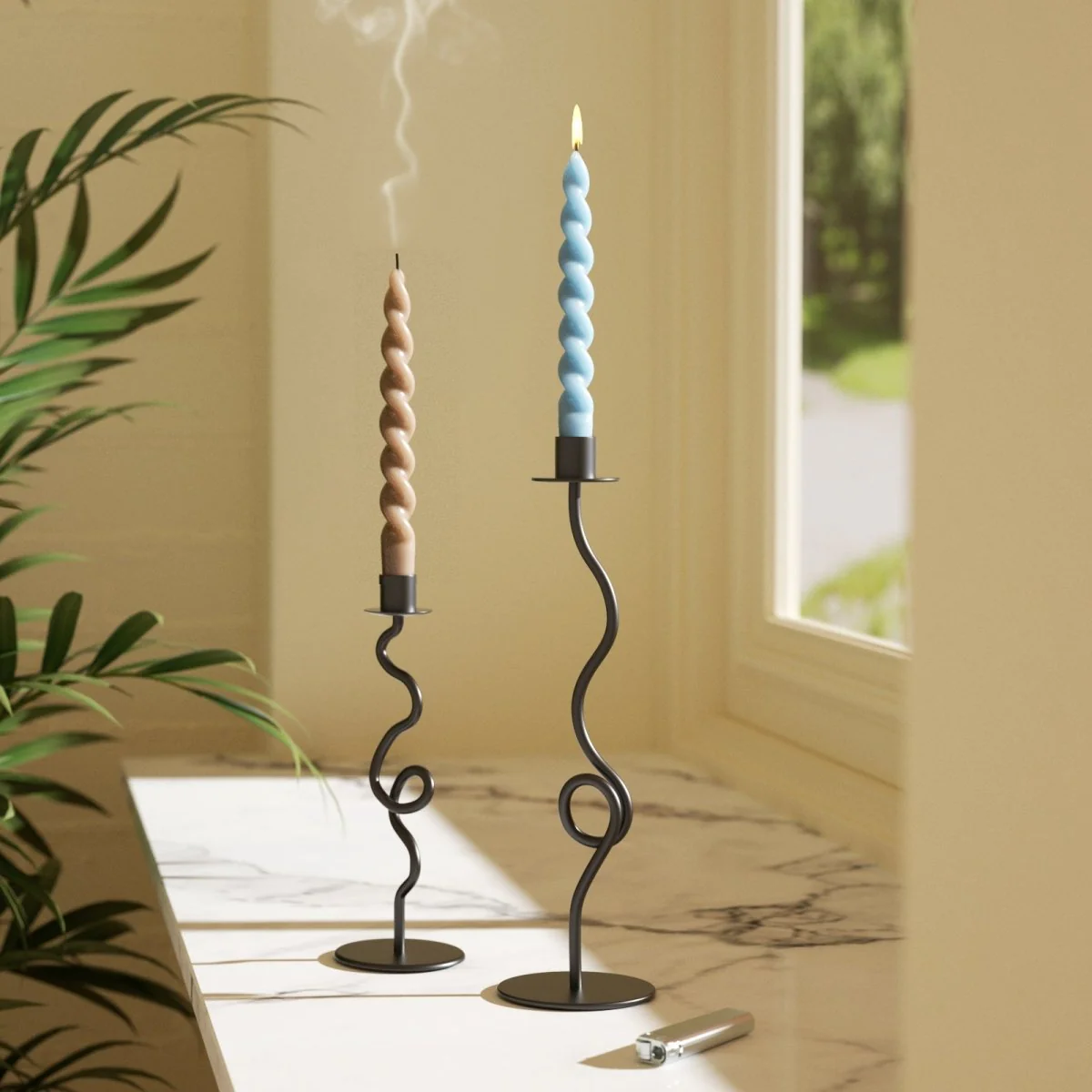 PLAY Spiral Taper Candle - Set of 2 - Morning Mist Blue & Almond Latte - Image 2