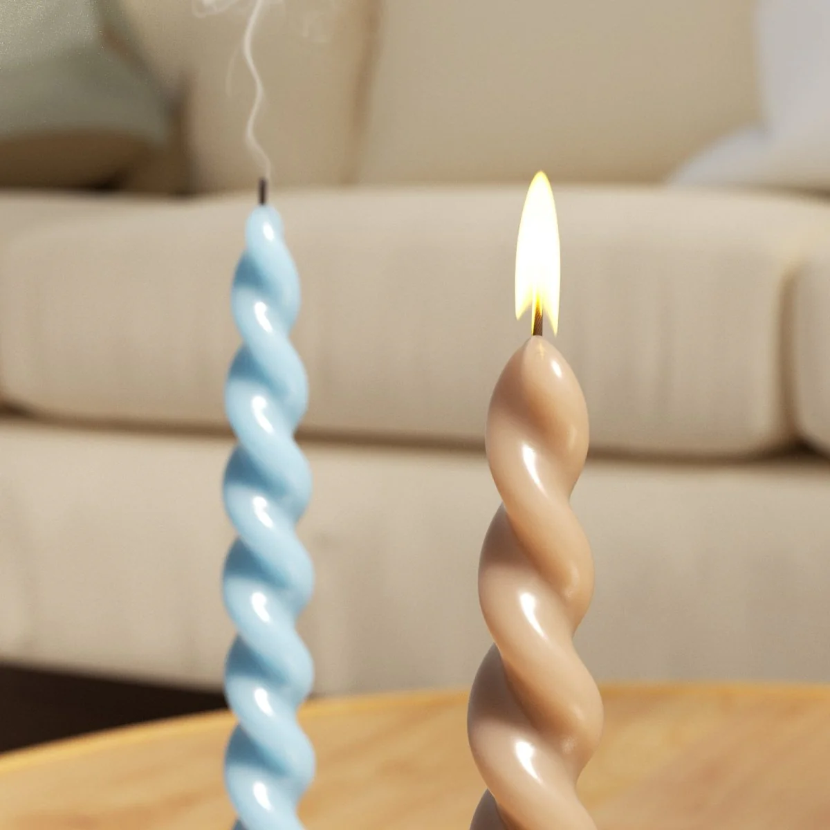 PLAY Spiral Taper Candle - Set of 2 - Morning Mist Blue & Almond Latte - Image 5